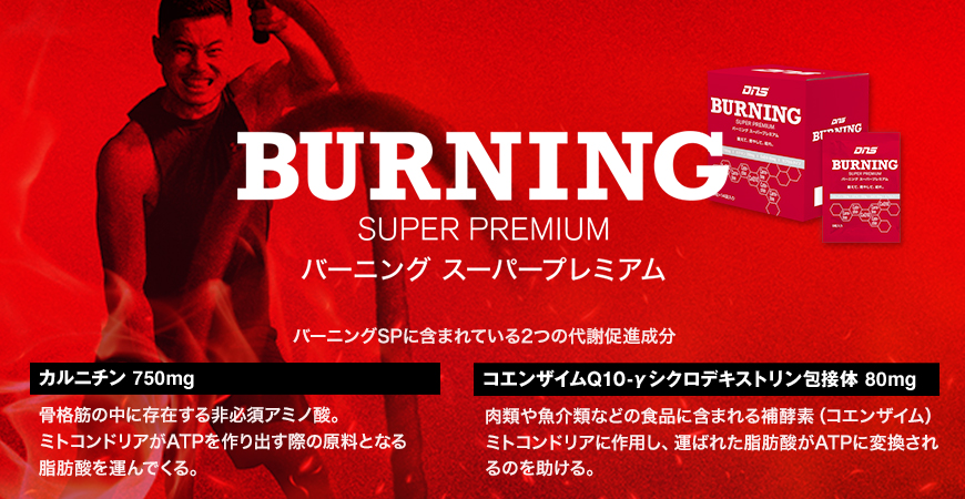 BURNING SUPER PREMIUM バーニング　スーパープレミアム バーニングSPに含まれている2つの代謝促進成分 カルニチン 750mg 骨格筋の中に存在する非必須アミノ酸。ミトコンドリアがATPを作り出す際の原料となる脂肪酸を運んでくる。 コエンザイムQ10-yシクロデキストリン包接体 80mg 肉類や魚介類などの食品に含まれる補酵素（コエンザイム）。ミトコンドリアに作用し、運ばれた脂肪酸がATP変換されるのを助ける。